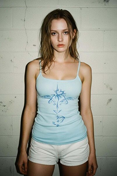 Karakedi Blue Sweet Flower Slim Y2K Strap Crop