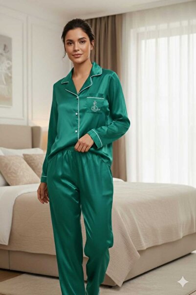 Tılsım Lingerie طقم بيجامة من الساتان بياقة على شكل V وأزرار وطيات من LS LOVE...