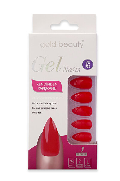 Gold Beauty Parlak Kırmızı Takma Tırnak Seti 24 Adet Jel Tırnak