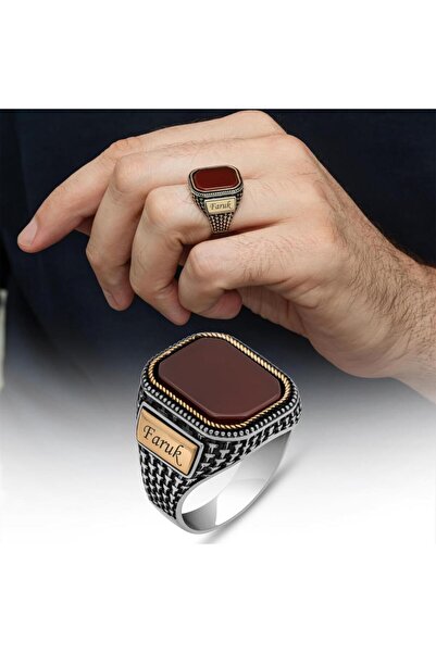 ALYANSEVİM Kişiye Özel İsimli Akik Taşlı 925 Gümüş Yüzük Erkek