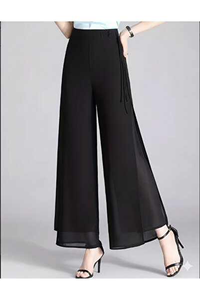 Hazel Pantaloni din șifon negri talie înaltă cu fantă pentru femei