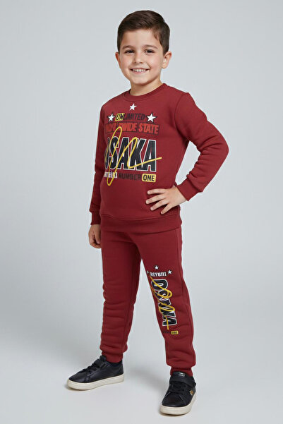 TOFİSA Boy's Claret Red Printed Fleece-Lined Pajama Set - 28097-Bordo