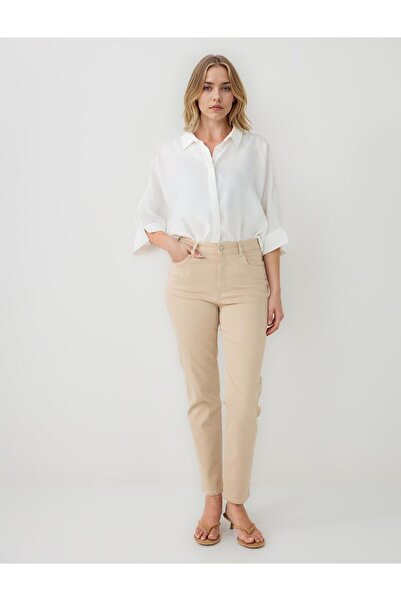 Jimmy Key Beige Regular Leg High Waist Woven Trousers with Pockets