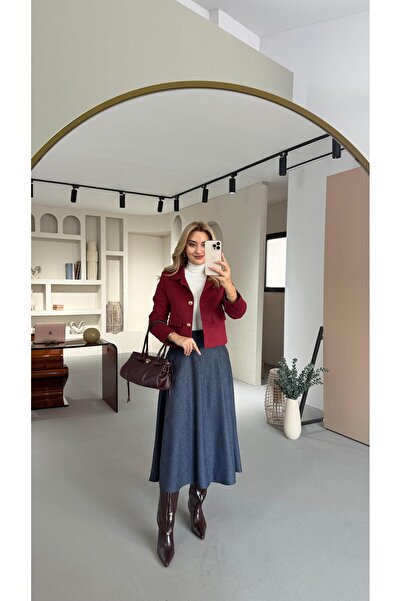 Sezgi Tekin Navy Blue Plaid Bell Skirt with Pocket Detail