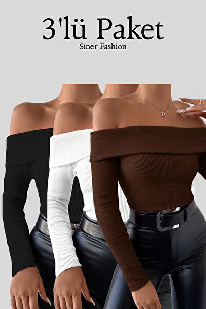 Siner Fashion Women's 3-Pack Madonna Collar Long Sleeve Blouse