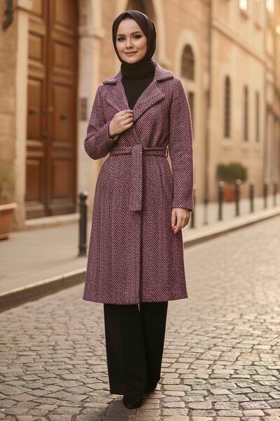 TOFİSA Patterned Belted Cashmere Coat Fusya - 28095-Fusya