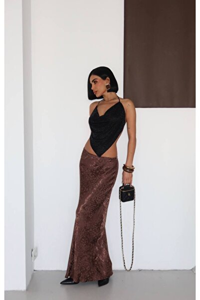 SEVENLINE Women's Patterned Satin Look Elastic Waist High Waist Maxi Skirt