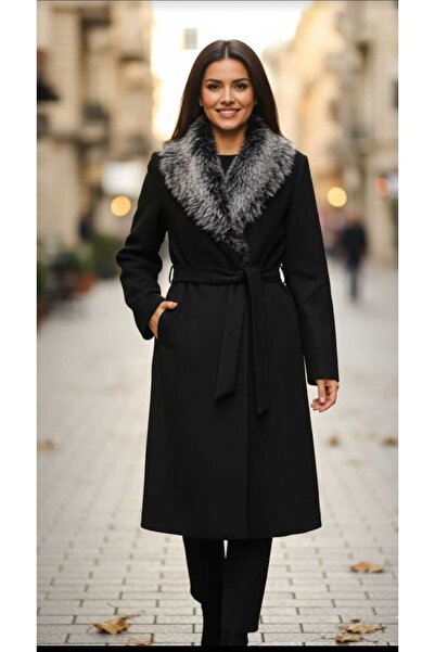 güncüoğlu Detachable Collar Fur Coat Length 110 cm Side Tie Cashmere Women's ...