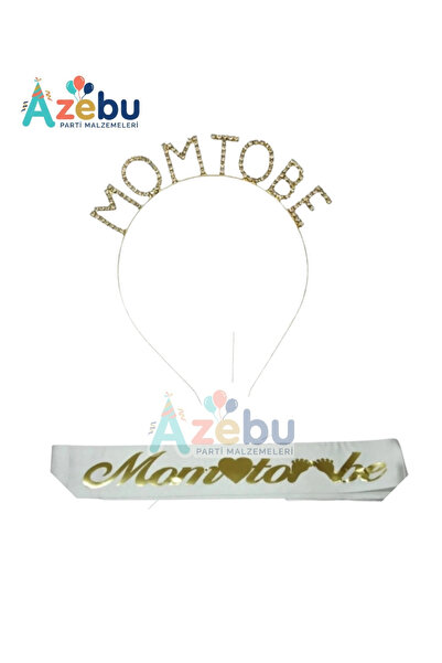 Azebu Mom To Be TaşlıTaç Ve Kuşak & Baby Shower Set & Beyaz Altın Kuşak Taşlı Altın Taç