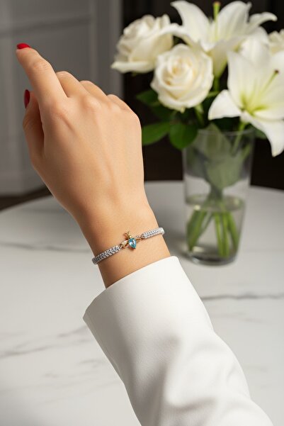 Utku Kuyumculuk 14 AYAR AQUAMARİN TAŞLI GÜMÜŞ GRİ İPLİ ÖZEL TASARIM ARI BİLEKLİK