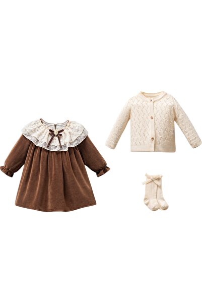 NoyNoy Baby Hırkalı Broşlu Kadife Elbise Yenidoğan Set