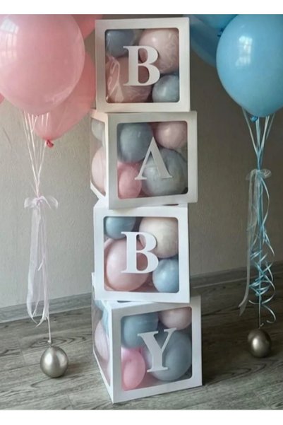 ATAKENT PARTİ Gender Reveal Party - 4 Balloon Boxes with Baby Writing - 24 Balloons