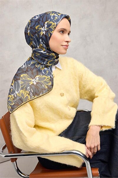 Silk Home Cotton Polyester Soft Scarf Botanical Pattern Petrol Blue 90*90