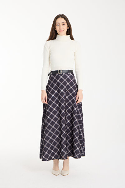 MODAMERSİ Women's Black Plaid Patterned Belted Flared Skirt
