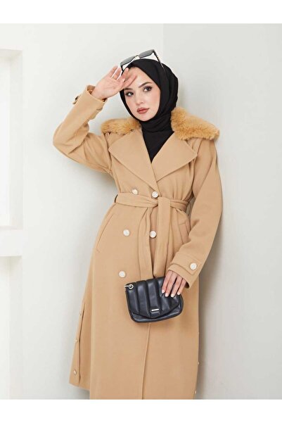 ELBİSHE Belden Kemerli Çıt Çıt Detaylı Kürklü Kaşe