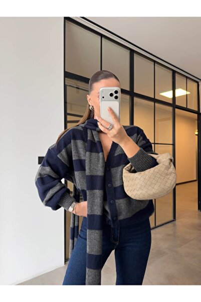 BB Bensu Buyruk Striked Knitwear Cardigan Anthracite-Dark Blue