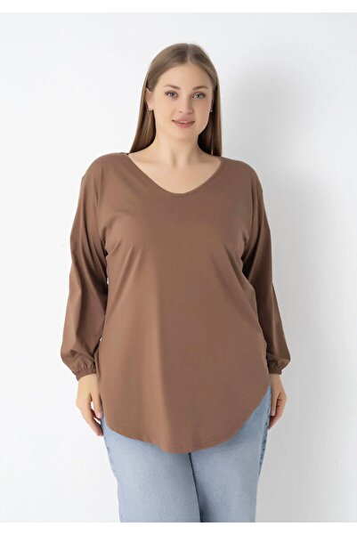 Trendbade Butik Women's Black Plus Size (THIN) V-Neck Slit Blouse