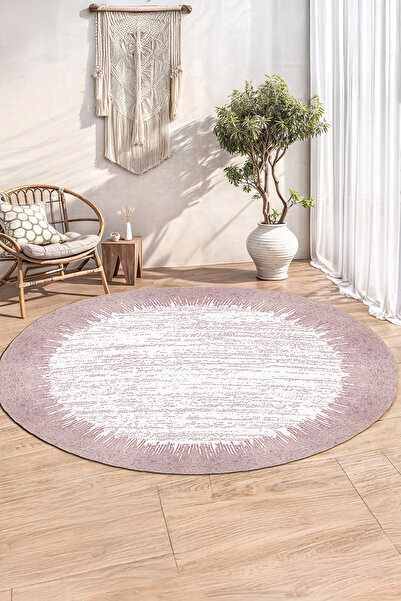 BigArts Home Pembe Beyaz Soyut Desenli Modern Salon Kilim Yolluk ve Yuvarlak ...
