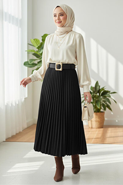 TOFİSA Pleated Belted Suede Skirt Black - 28092-Black