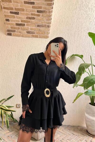 Dipmoda Rochie mini neagră pentru femei, cu detalii în straturi, guler de cămașă dantelă DPMY3858