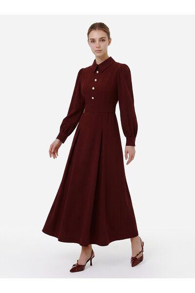 Benin Gold Button Detailed Balloon Sleeve Belted Hijab Dress - Burgundy -