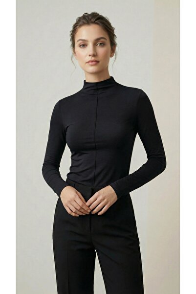 MELA ROSSA Women's Black Modal Rib Fabric Mock Neck Long Sleeve Blouse with F...