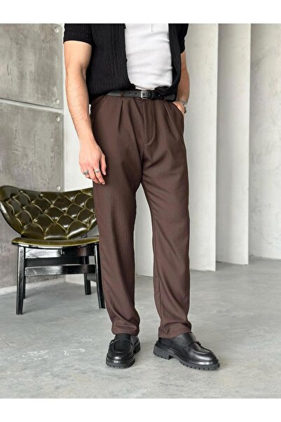 FO4RBS KM1002 Desenli pileli kumaş pantolon Kahve
