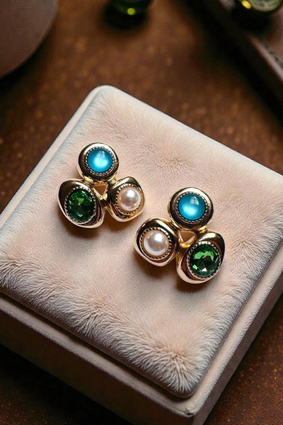 PETEK AKSESUAR Button Colorful Stone Earrings