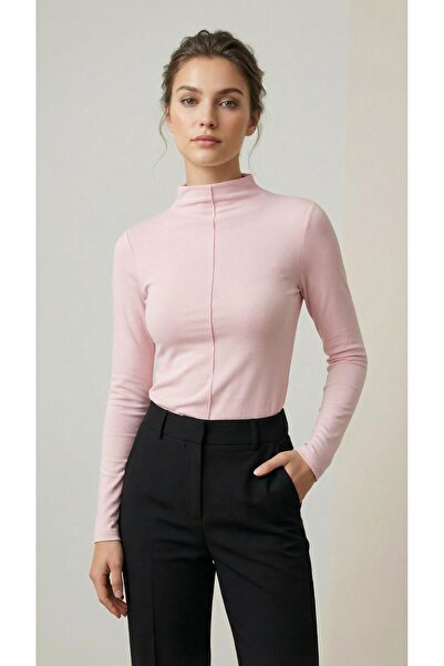 MELA ROSSA Women's Pink Modal Rib Fabric Mock Neck Long Sleeve Blouse with Fr...