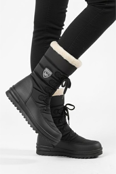 TOFİSA Women's Black Beige Plush Faux Leather Boots - 28120-Black-Beige