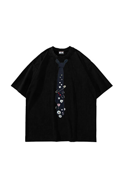 Bak Moda Tie Printed Oversized Unisex Black Tshirt