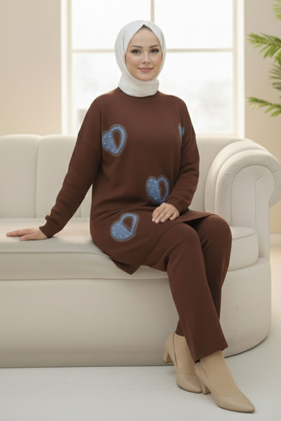 TOFİSA Heart Stone Detailed Knitwear Double Suit Brown - 28123-Brown