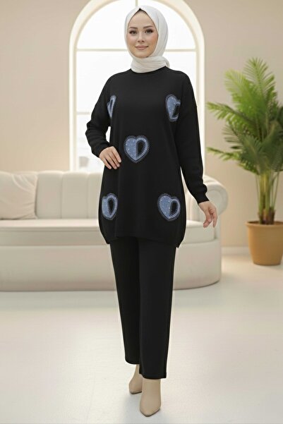 TOFİSA Двукомпонентен комплект с детайли от плетени сърца, черен - 28123-BLACK