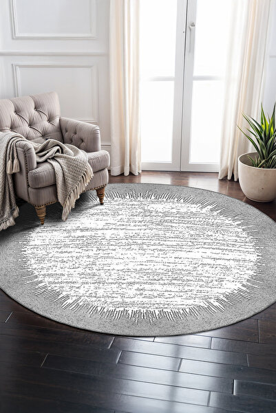 BigArts Home Gri Beyaz Soyut Desenli Modern Salon Kilim Yolluk ve Yuvarlak Ki...