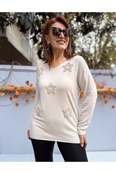 DenizEge Small Mold Star Embossed V-Neck Knitwear Beige