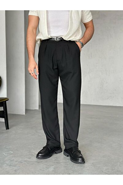 FO4RBS KM1003 Desenli pileli kumaş pantolon Siyah