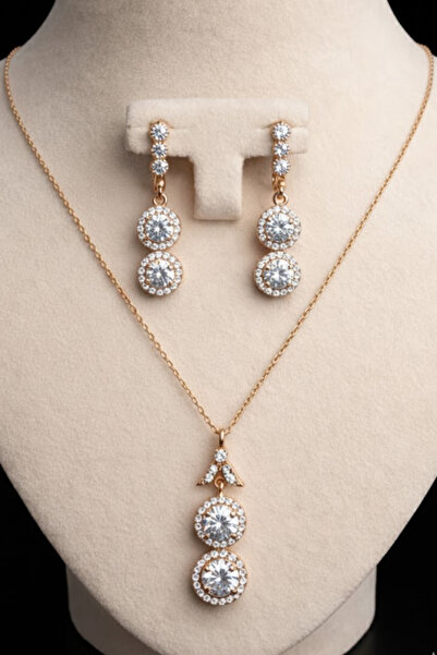 OSMANLI GÜMÜŞ Kadın Gümüş Kolye Küpe Set - İkili Daire Model Zirkon Taşlı Roz...