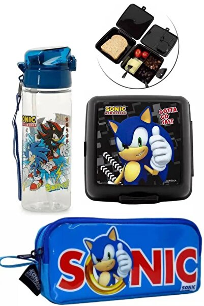 Sonic حقيبة أقلام مرخصة ذات قسمين مع زجاجة ماء سعة 500 مل وطقم حاوية غداء