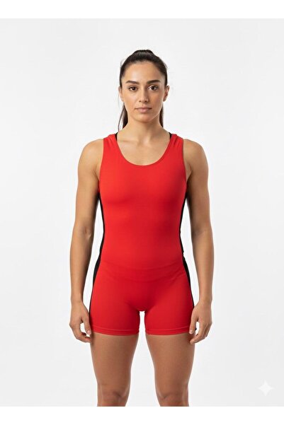 Karacan Yanları Siyah Şeritli Şortlu Kadın Mayo-Kırmızı - M