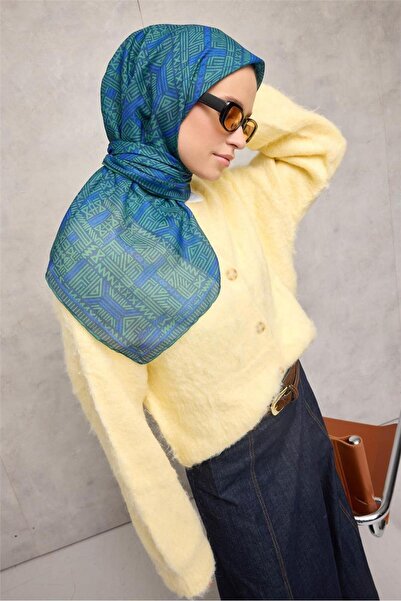 Silk Home Памучен полиестерен мек шал тъмно син геометричен мотив, неплъзгащ ...