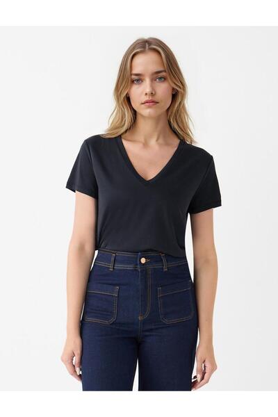 Jimmy Key Чорна V-подібна короткорукава модальна трикотажна футболка