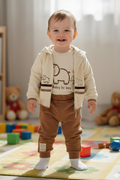 Elephant Family Patterned 3-Piece Baby Boy Set 9 Months, 12 Months, 18 Months