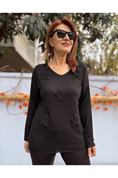 DenizEge Tricotaj cu decolteu în V cu model mic, negru