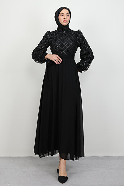 Lamia Giyim Leyal Tül Detay Elbise Siyah