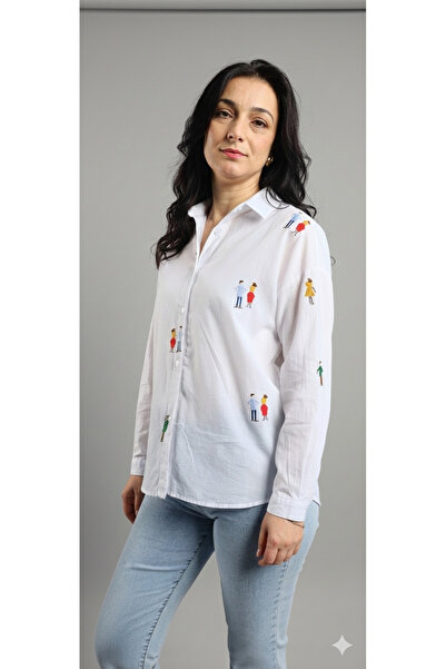 Kadın Beyaz Nakış İşlemeli Figürlü Oversize Gömlek
