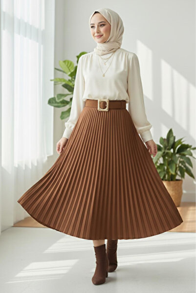 TOFİSA Pleated Belted Suede Skirt Tan - 28092-Taba