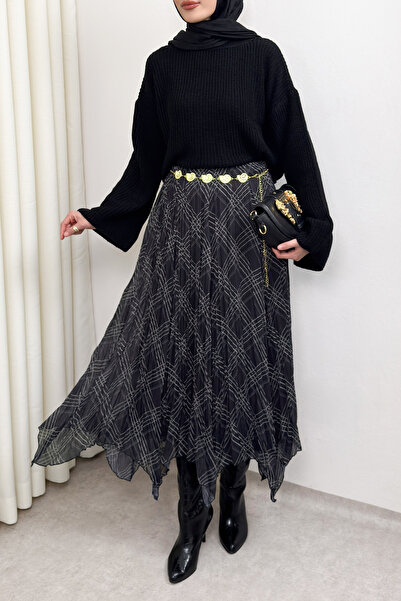 Salih Çelebi Fusta din șifon cu model și croială asimetrică 4151 - NEGRU