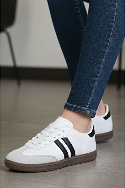 TOFİSA Women's White Black Suede Detailed Sports Shoes - 28105-White-Black