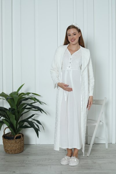 ERDENİZ TEKSTİL Hamile Daire Jacquard Maternity Nightgown and Robe Set / Cotton Thick Robe
