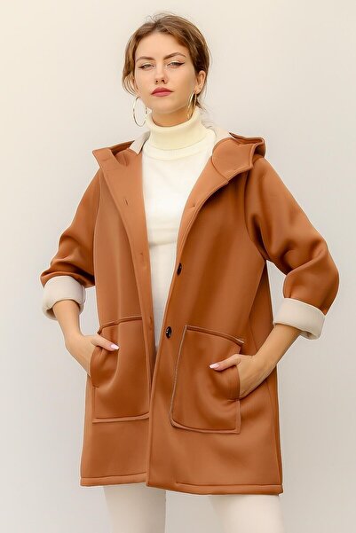 della moor Women's Tan Italian Scuba/Diver Fabric Buttoned K Hooded O Oversiz...